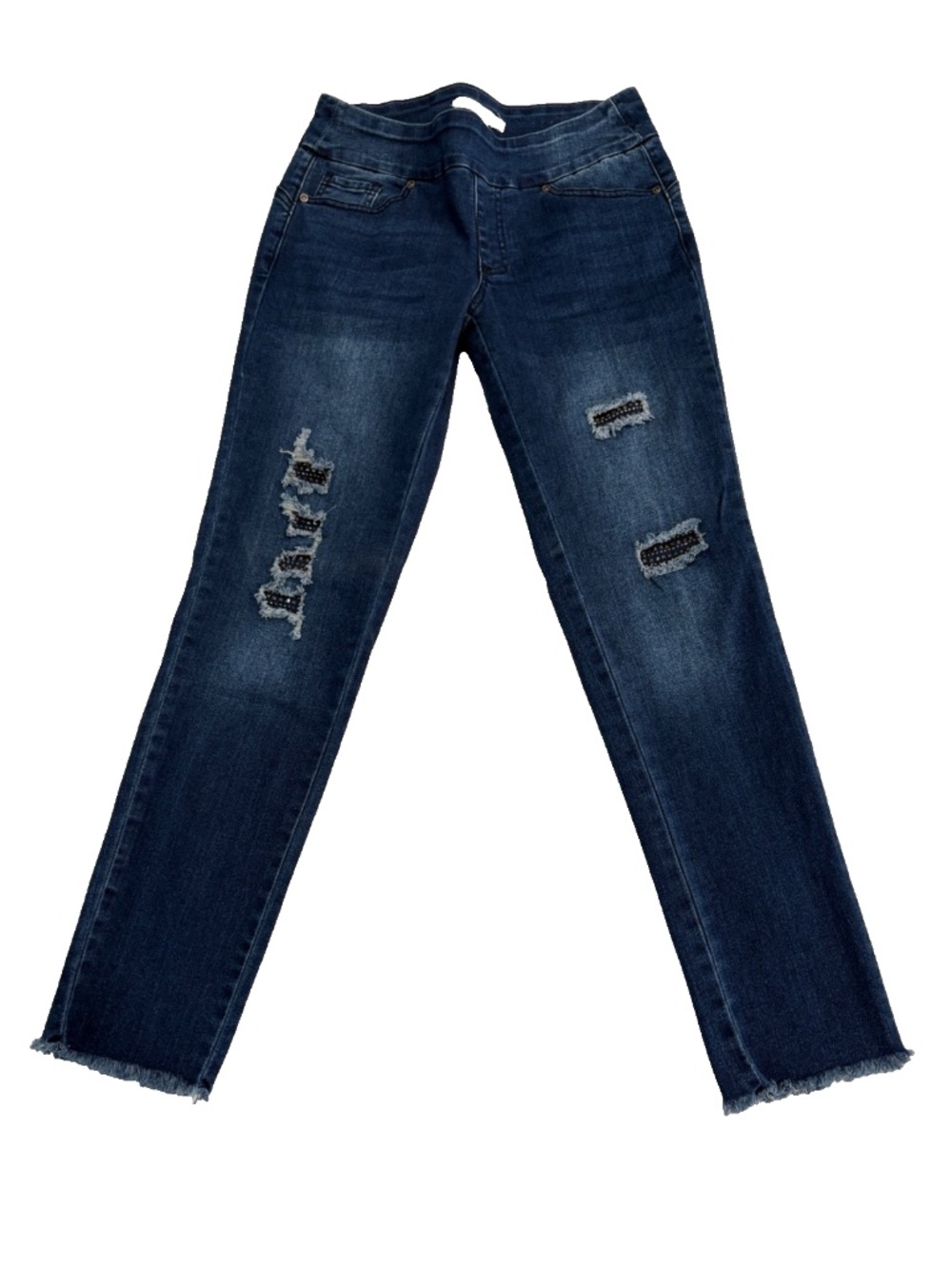 Cleo Distressed Skinny Jeans Dark Wash Embellished Rhinestone Frayed Hem Size 2